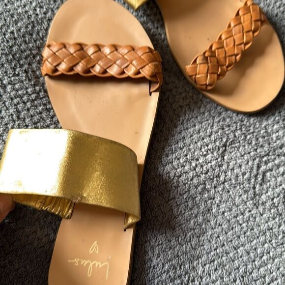 Lulus Caylee Gold Cognac Leather Flat Sandals Size 7.5 Braided Summer Slip-On - Picture 5 of 10